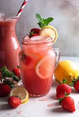 Summer strawberry lemonade on light background. Strawberry mojito with berries and mint. Strawberry smoothie with berries. Generative AI