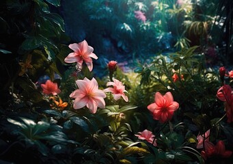 Naklejka na ściany i meble Tropical Paradise Blooms. Digital Illustration. Generative ai.