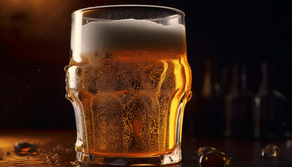 A frothy drop of beer in a gold pint glass generated by AI