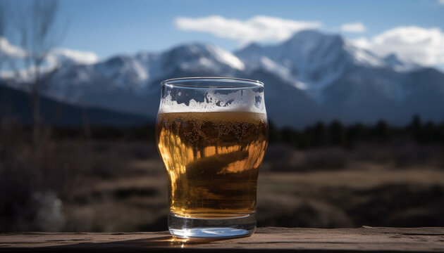Refreshing beer in frosty glass enjoyed outdoors with mountain view generated by AI