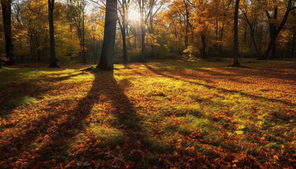 Fototapeta premium Vibrant autumn landscape, tranquil forest meadow, vanishing sunlight beauty generated by AI