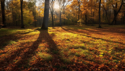Vibrant autumn landscape, tranquil forest meadow, vanishing sunlight beauty generated by AI