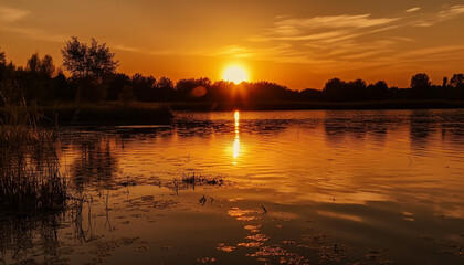 Idyllic sunset over tranquil pond, nature vibrant beauty reflected generated by AI