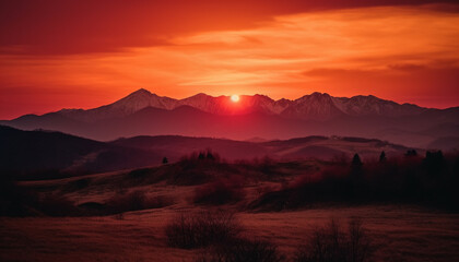 Majestic mountain range, tranquil meadow, orange sunset, idyllic landscape generated by AI