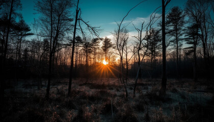Fototapeta na wymiar Silhouette of pine tree against bright orange sunset sky generated by AI