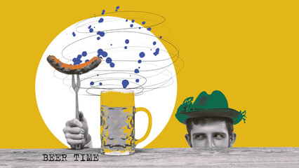 Bavarian man peeking out table with beer mugs and grilled sausage. Banner. Contemporary art...