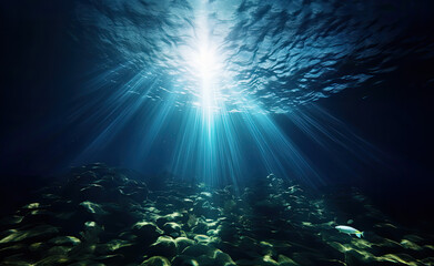 Fototapeta na wymiar Mystical Depths: Blue Sunlit Abyss of the Deep Sea! Generative AI Technology