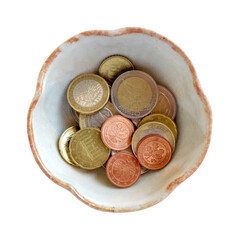 Euro coins money in a small ceramic bowl isolated png file