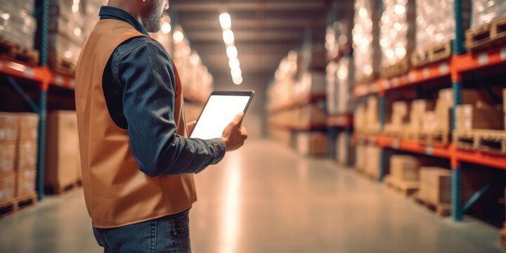 Man factory manager using digital tablet in warehouse storage, generative ai