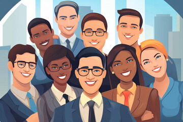 Fototapeta premium Cartoon characters of a confident businessman and businesswoman strike professional pose, embodying dynamic corporate team with smart and self-assured demeanor. Generative AI.