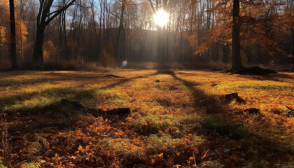 Vibrant autumn landscape, yellow leaves, orange sun, tranquil forest footpath generated by AI