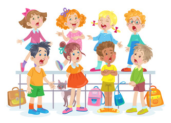 Funny children sing in the school choir. Four little girls and four boys stand together. In cartoon style. Isolated on white background. Vector flat illustration.