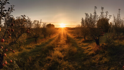 Fototapeta na wymiar Tranquil sunset over organic apple orchard, ripe fruit backlit by sun generated by AI
