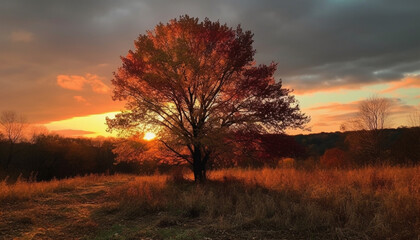 Fototapeta na wymiar Vibrant sunset silhouettes tree in idyllic mountain landscape generated by AI