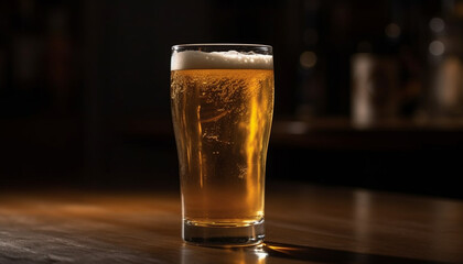 Frothy beer glass on wet bar counter, gold liquid pouring generated by AI