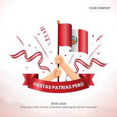 Fiestas Patrias Perú or national holiday Peru with hands holding a flag and confetti