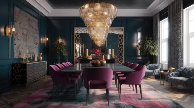A dining room that feels both glamorous and private. Generative AI