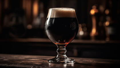 Dark wood bar counter, single glass of frothy whiskey refreshment generated by AI