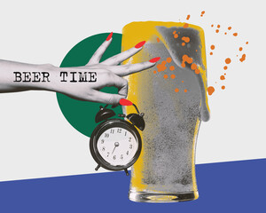 Female hand holding alarm clock near glass with foamy lager beer. Time to drink. Contemporary art collage. Concept of alcohol drink, oktoberfest, taste, party, festival and leisure time, ad