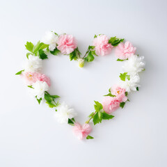 pink flowers and leaves laid out in a heart shape on a white background. ai