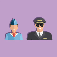 flat vector pilot and air hostess