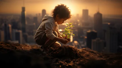 Fotobehang young boy plants a tree against an urban background - ai generative © Generosity