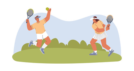 Man and woman playing tennis outdoors cartoon flat vector illustration isolated.