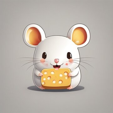 Little mouse with cute face eating a cheese, generative ai