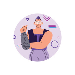 Cyberpunk man in VR glasses and with exo prosthesis, flat vector isolated.