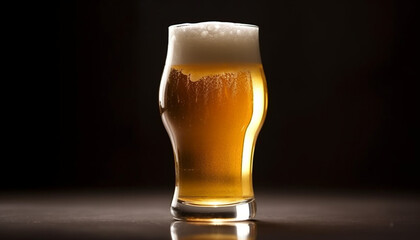 Frothy beer in a gold pint glass on a black background generated by AI