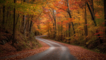 Vibrant autumn colors on winding rural road through forest wilderness generated by AI - obrazy, fototapety, plakaty