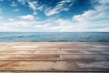 Naklejka na ściany i meble Wooden board empty table in front of blue sea & sky background. perspective wood floor over sea and sky photography