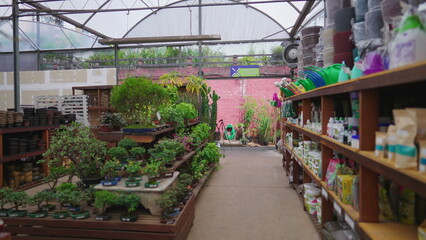 Horticulture Store interior in tracking shot motion. Flower Shop local business