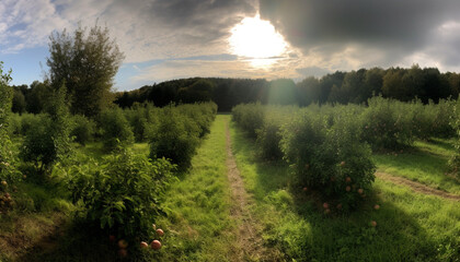 Tranquil autumn meadow with ripe fruit and idyllic footpath generated by AI