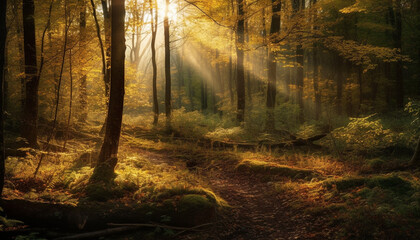 Tranquil autumn forest, vibrant colors, mysterious fog, serene wilderness scene generated by AI