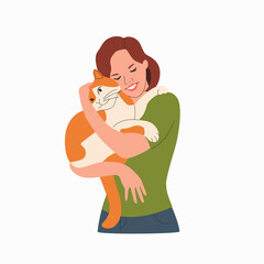 Young  woman holds and hugs the cat. Children puppies friendship. Vector flat style cartoon illustration