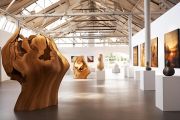 Modern art gallery interior with wooden sculptures. Spacious exhibition room. Generative AI - obrazy, fototapety, plakaty
