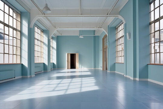 Interior of an empty room with blue walls and white tiled floor. Modern exhibition hall in loft style. Generative AI