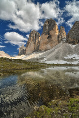 Fototapeta premium Tre Cime di Lavaredo, seen from one of the lakes of Grava Longia