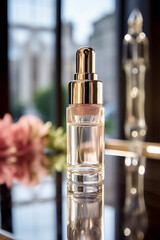Glamour shot of serum bottle on the table, space for text, blurred background, close-up. Generative AI