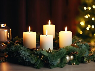 Four white Advent candles within lush evergreen branches. Christmas time, Advent season. Flickering flames cast soft, inviting glow, illuminating scene with sense of hope and joy. AI generated