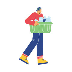 Young man carrying green container with glass bottles and jars flat style