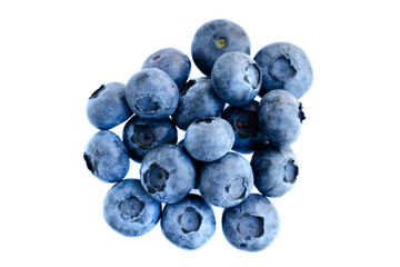Fresh blueberries isolated on white background, top view. A bunch of fresh blueberries on a white background, top view. Blueberry berries isolated on white background, top view.