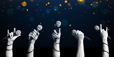 microphone in hands on twinkling stars background. singing contest concept - 617859012