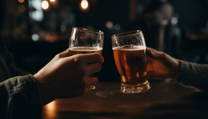Men and women holding beer glasses in a celebratory toast generated by AI