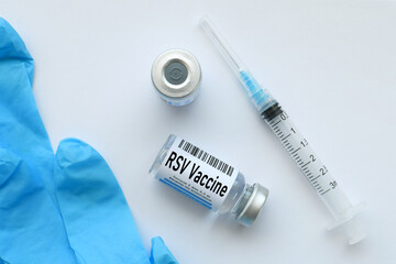 RSV vaccine vial with syringe - Respiratory syncytial virus shot - obrazy, fototapety, plakaty