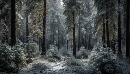 Tranquil scene of evergreen wilderness, snowing on coniferous tree branch generated by AI