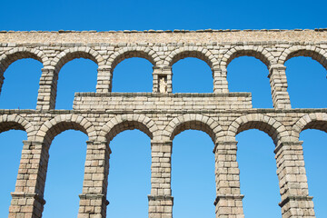 View of the Roman aqueduct in the city of Segovia, Castilla Leon in Spain.