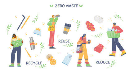 Set of people zero waste lifestyle flat style, vector illustration