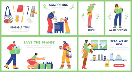 Fototapeta premium Set of different banners about zero waste flat style, vector illustration